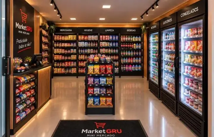 Loja autônoma MarketGRU instalada em área de convivência de uma empresa
