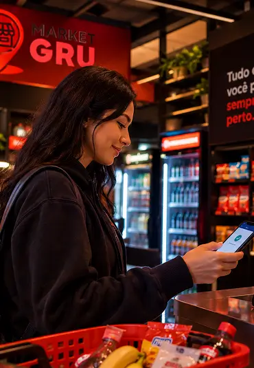 Colaboradora com cesta de compras pagando pelo celular dentro da loja MarketGRU