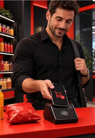 Homem aproximando o celular do totem de pagamento do minimercado autônomo
