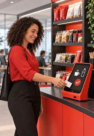 Colaboradora usando o totem do minimercado autônomo instalado no escritório, ao lado da prateleira de café e snacks
