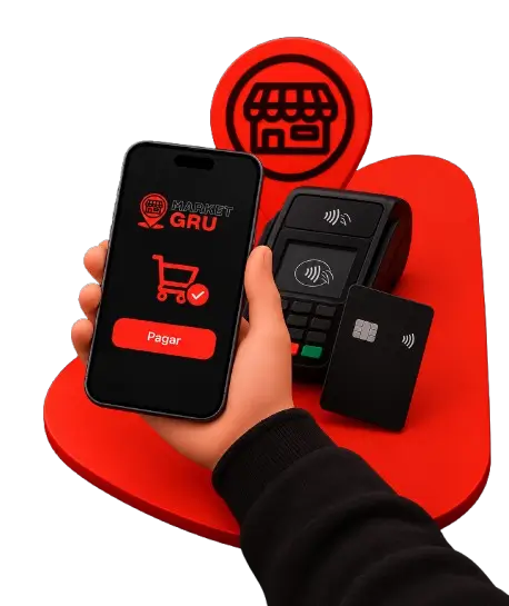 Ilustração 3D de uma mão segurando um celular com o app MarketGRU na tela de pagamento, ao lado de uma maquininha e de um cartão